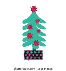 merry christmas pine tree with gift vector illustration design