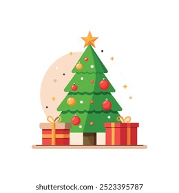 Merry Christmas pine tree with gift box vector
