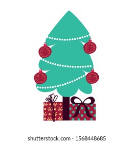 merry christmas pine tree with gifts vector illustration design