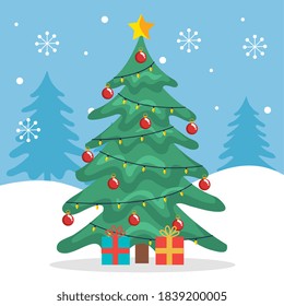 merry christmas pine tree with gifts and snowflakes design, winter season and decoration theme Vector illustration
