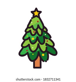 merry christmas pine tree line and fill style icon design, winter season and decoration theme Vector illustration