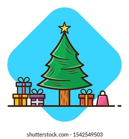 Merry Christmas Pine Tree on Vector Illustration. Merry Christmas pine tree with gift boxes, and star, that are decorations. Merry Christmas and a happy new year. Flat style vector illustration.