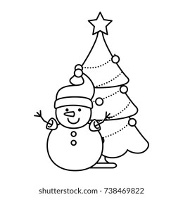 merry christmas pine tree with snowman character