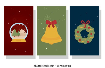 merry christmas pine trees sphere bell and crown design, winter season and decoration theme Vector illustration