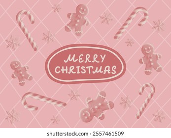 merry christmas pink background design with text candy canes gingerbread men cookies and snowflakes retro vintage halftone grunge dotted elements hand drawn diamond pattern banner poster greeting card