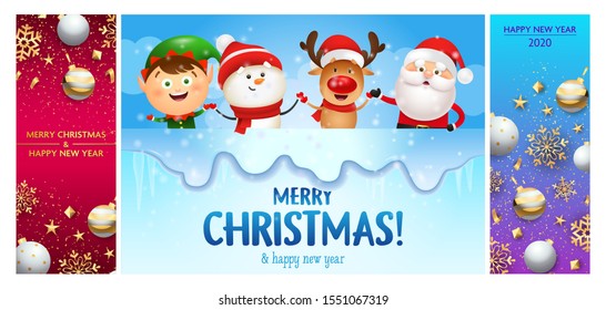 Merry Christmas pink, blue banner set with Santa. New Year, Christmas, winter. Calligraphy with decorative design can be used for invitations, post cards, announcements