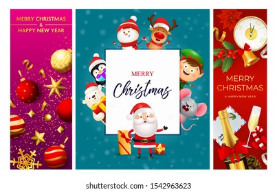 Merry Christmas pink, blue, red banner set with animals. New Year, Christmas, winter. Calligraphy with decorative design can be used for invitations, post cards, announcements