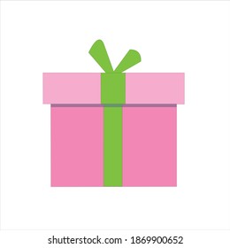 Merry Christmas pink gift box with green ribbon on white color background.
