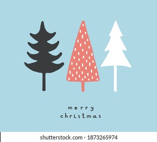 Merry Christmas. Pink Holidays. Simple Infantile Style Christmas Trees Isolated on a Pastel Blue Background. Cute Hand Drawn Christmas Wishes Vector Card. Black, Red and White Winter Trees.