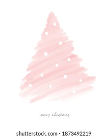 Merry Christmas. Pink Holidays. Simple Watercolor Style Pink Christmas Tree Isolated on a White Background. Cute Hand Drawn Christmas Wishes Vector Card. Pastel Pink Winter Tree.