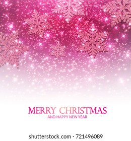 Merry Christmas Pink Shining Background with Lights and Snowflakes. Vector illustration