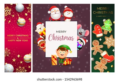 Merry Christmas pink, violet, green banner set with animals. New Year, Christmas, winter. Calligraphy with decorative design can be used for invitations, post cards, announcements