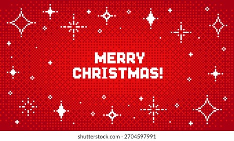 Feliz Natal pixel art padrão com estrela cintilante e flocos de neve formas. Festivo retro 8-bit vídeo game estilo cartão de saudação de feriado digital.