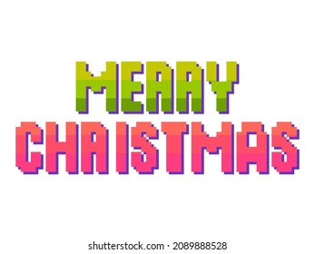 Merry Christmas, pixel art. Pixelated text in the style of 8 bit retro games from the 80s and 90s. Design for greeting card, banner and invitation. Vector illustration