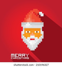 Merry Christmas pixel art style santa claus hipster poster for party or greeting card on red background. Vector illustration