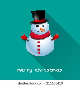 Merry Christmas pixel art style snowman poster for party or greeting card. Vector illustration
