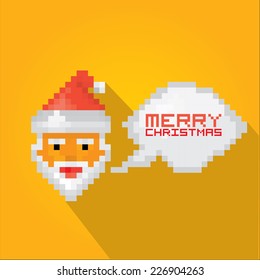 Merry Christmas pixel art style santa claus hipster poster for party or greeting card on blue background. Vector illustration