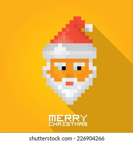Merry Christmas pixel art style santa claus hipster poster for party or greeting card on blue background. Vector illustration