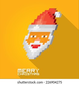 Merry Christmas pixel art style santa claus hipster poster for party or greeting card on blue background. Vector illustration