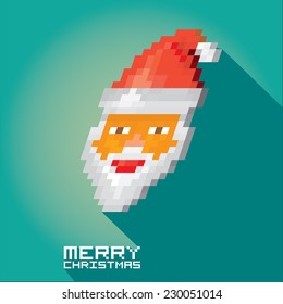 Merry Christmas pixel art style santa claus hipster poster for party or greeting card on azure background. Vector illustration