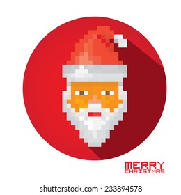 Merry Christmas pixel art style santa claus hipster poster for party or greeting card on red  background. Vector illustration