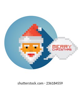 Merry Christmas pixel art style santa claus hipster poster for party or greeting card on blue background. Vector illustration