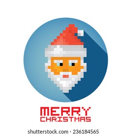Merry Christmas pixel art style santa claus hipster poster for party or greeting card on blue background. Vector illustration