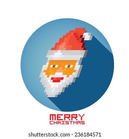 Merry Christmas pixel art style santa claus hipster poster for party or greeting card on blue background. Vector illustration