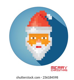 Merry Christmas pixel art style santa claus hipster poster for party or greeting card on blue background. Vector illustration