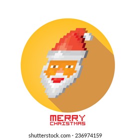Merry Christmas pixel art style santa claus hipster poster for party or greeting card on orange background. Vector illustration