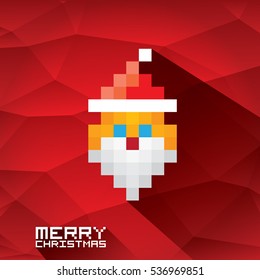 Merry Christmas pixel art style santa claus icon with red hat.  Christmas hipster poster for party or greeting card. Vector illustration