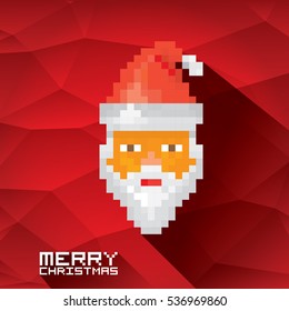 Merry Christmas pixel art style santa claus icon with red hat.  Christmas hipster poster for party or greeting card. Vector illustration