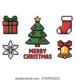 Feliz Natal pixel pack, árvore com guirlanda, caixas, floco de neve, meia, arco de sino, texto de saudação festiva, vetor de 8 bits