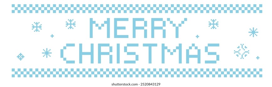 Merry christmas pixel retro text with snowflkes, border decoration. Winter frame. Print, decoration. Greeting