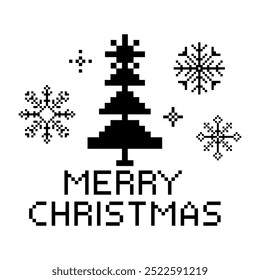 Merry christmas pixel retro text with tree and snowflkes, border decoration. Winter frame. Print, decoration. Greeting