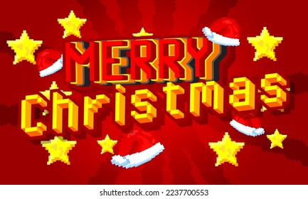Merry Christmas. Pixelated word with geometric graphic background. Vector cartoon illustration.