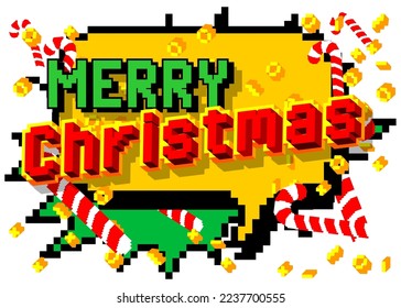 Merry Christmas. Pixelated word with geometric graphic background. Vector cartoon illustration.