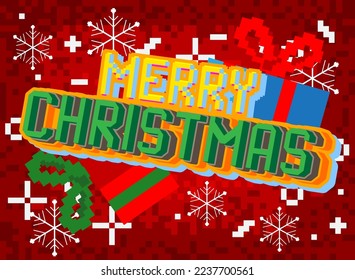 Merry Christmas. Pixelated word with geometric graphic background. Vector cartoon illustration.