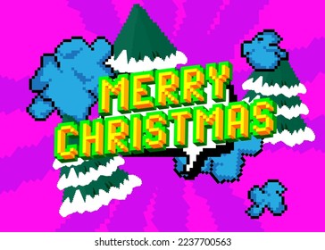 Merry Christmas. Pixelated word with geometric graphic background. Vector cartoon illustration.