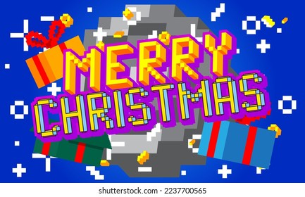 Merry Christmas. Pixelated word with geometric graphic background. Vector cartoon illustration.