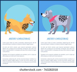 Merry Christmas placard with cartoon pedigree dogs. Playful foxterrier with open mouth and German wirehaired pointer vector illustrations set.