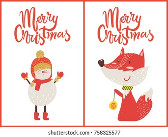 Merry Christmas, placard made up of headlines and images of red fox with toy and snowman with boots and hat, banners isolated on vector illustration