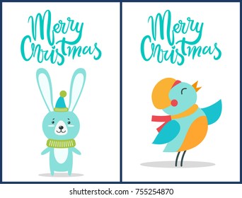 Merry Christmas, placards set, icons of singing bird with closed eyes and scarf and shy unsure bunny with hat, with headlines on vector illustration