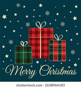 Merry Christmas Plaid Gift Boxes A cozy Christmas illustration featuring three beautifully wrapped plaid gift boxes in green, red, and tartan patterns. 