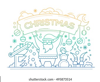 Merry Christmas plain line flat design card with holidays symbols - Santa Claus, Christmas tree, snowman, banner