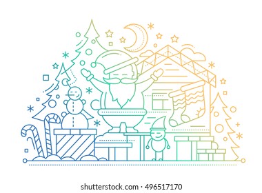Merry Christmas plain line flat design card with holidays symbols - Santa Claus, Christmas tree, house. candy canes