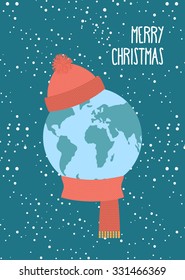 Merry Christmas. Planet Earth winter. Knitted scarf and hat. Snow falls. Greeting card for new year.
