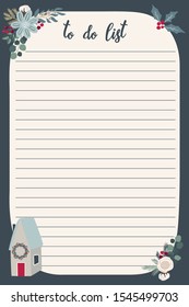 Merry Christmas planner and to do list card or poster template with hand drawn rustic clipart in scandinavian style, floral arrangement