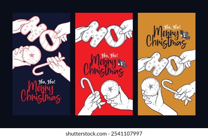 Merry Christmas playful story and reel designs. Modern Xmas design with typography, hands with candy cane, apple, gingerbread. Set of 3 story designs for social media.