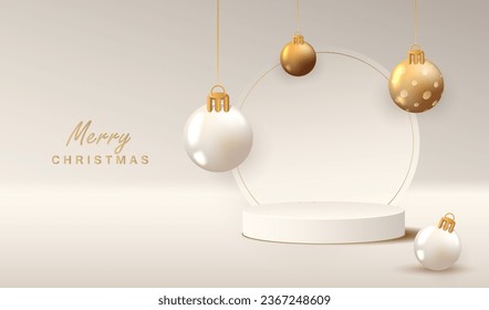 Merry Christmas podium background. Holiday xmas card with white creamy and gold balls. Happy new year winter concept.